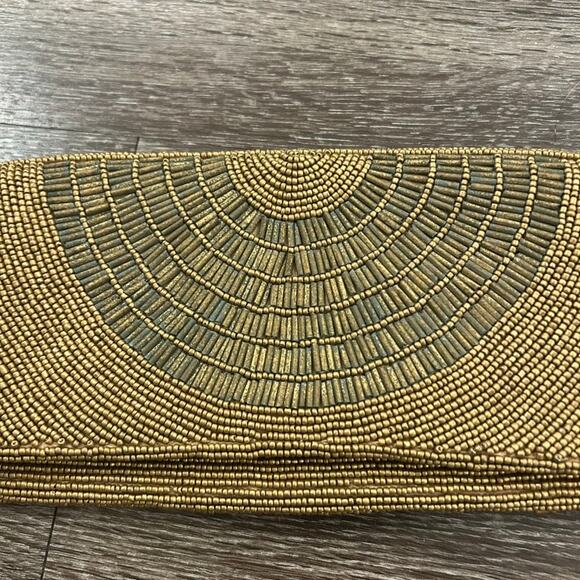 Moyna Gold Hand Beaded Art Deco Evening Clutch Foldover Wedding Party Purse Bag - Picture 3 of 11